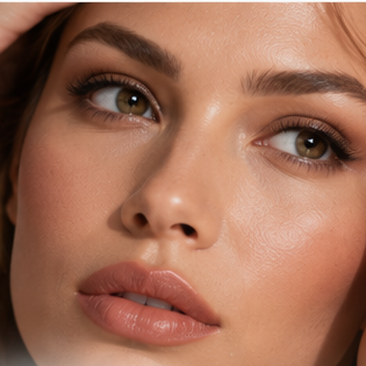 Close-up portrait with balanced eye, cheek, and lip definition showing a medium makeup payoff