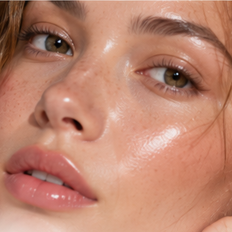 Close-up portrait with freckles and soft glossy lips showing a sheer, barely-there makeup payoff