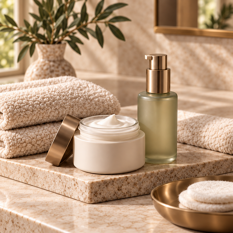 Soothing cream and treatment bottle with soft towels on a warm travertine vanity.