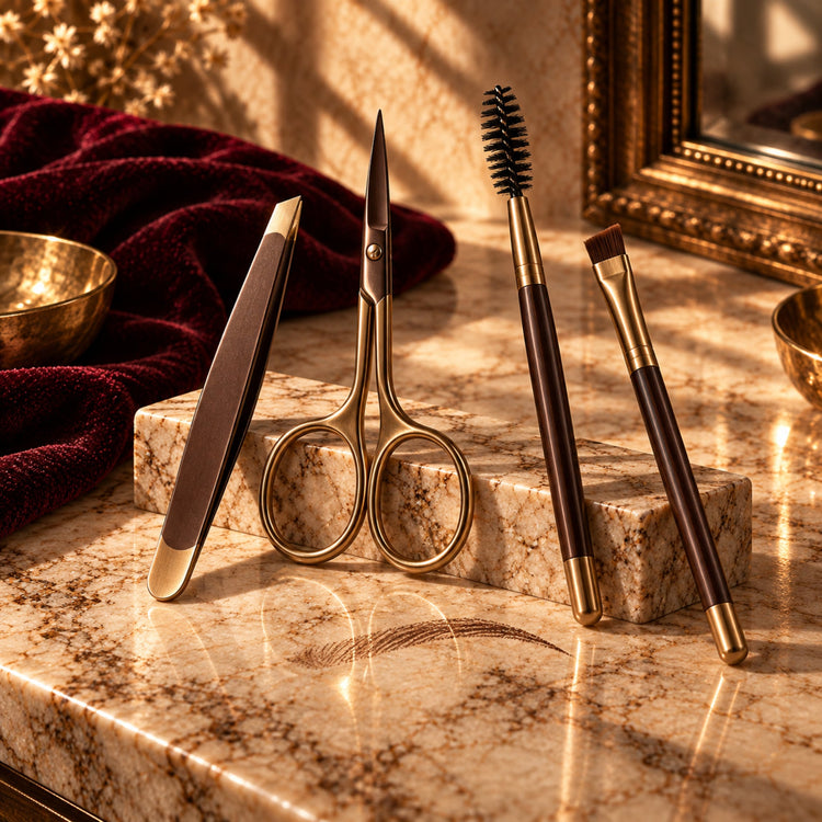 Lash, brow, and precision makeup tools including tweezers, brow scissors, spoolie, brush, curler, and sharpener