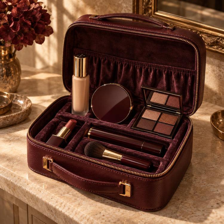 Complete face, eye, and lip makeup kit arranged in an oxblood velvet-lined case on a fall luxury vanity