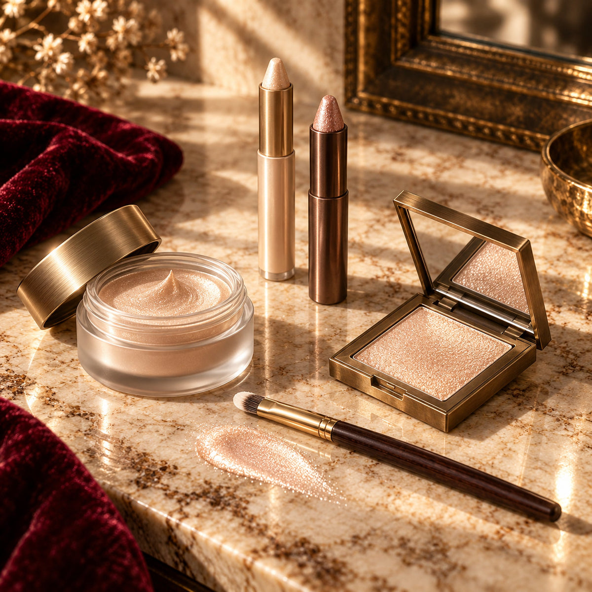 Champagne eye-brightening cream, pearl crayons, luminous compact, and precision brush on a fall luxury vanity