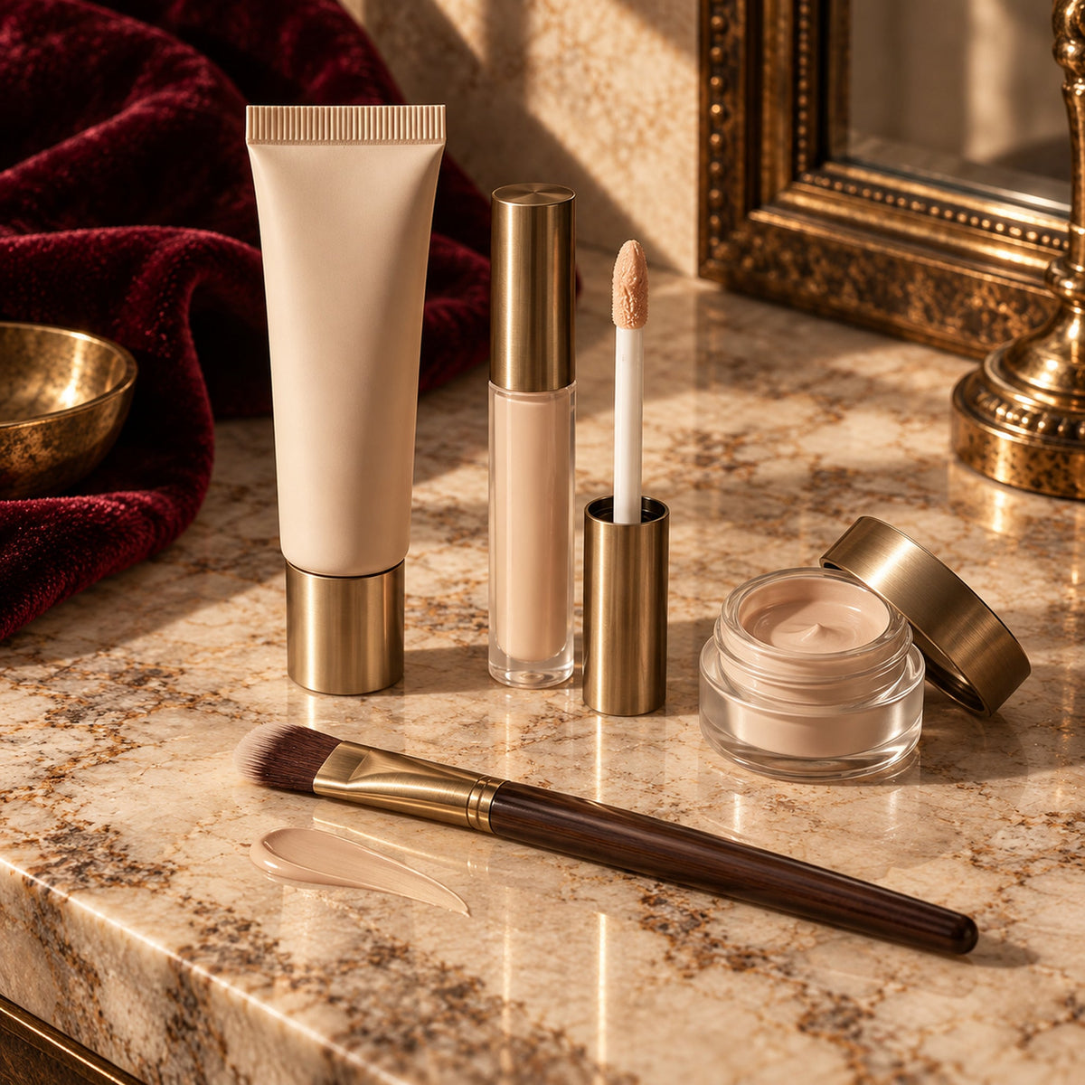Ivory eye primer tube, wand, cream pot, and flat brush on a warm fall luxury vanity