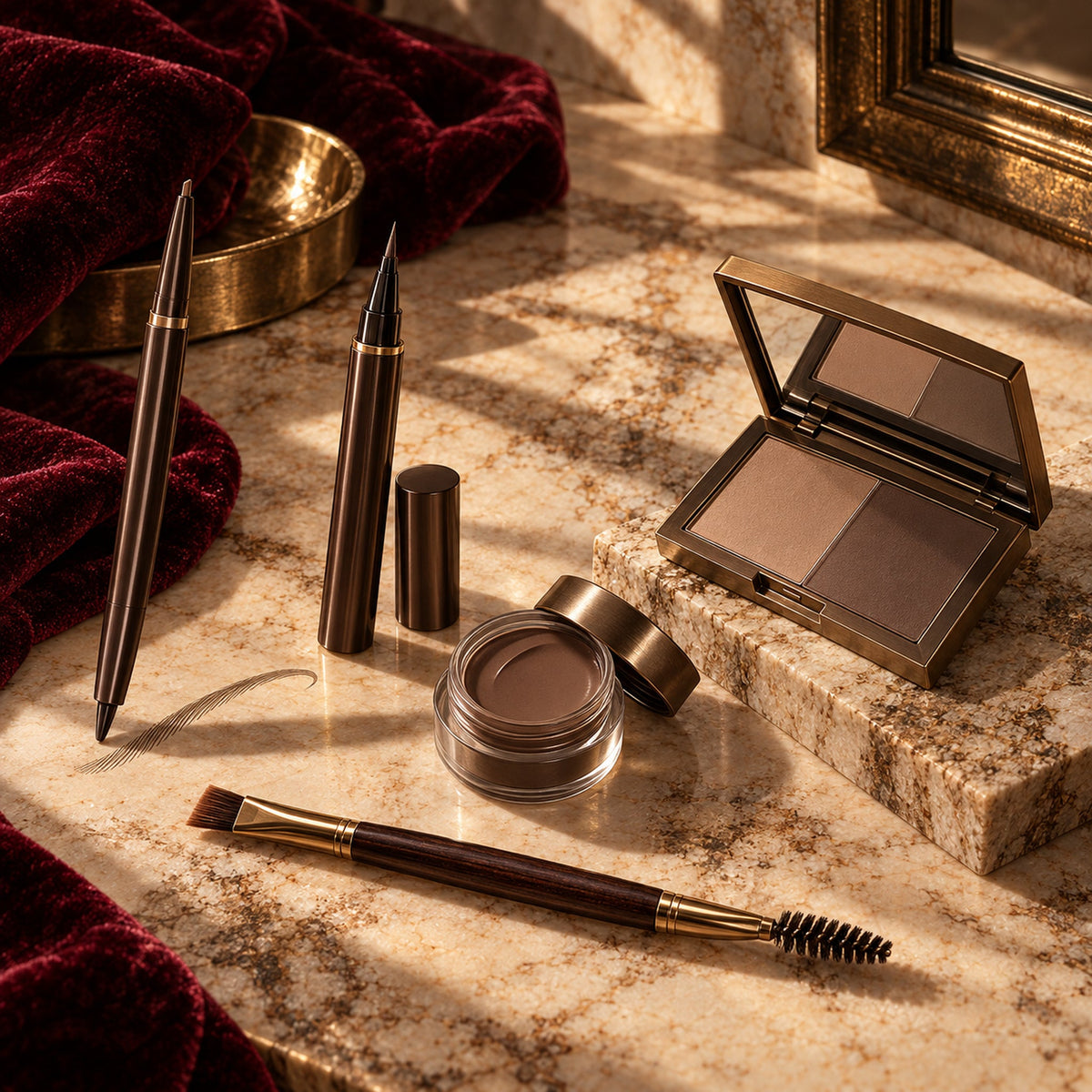 Taupe and brunette brow pencil, pen, pomade, powder duo, angled brush, and spoolie on a fall luxury vanity
