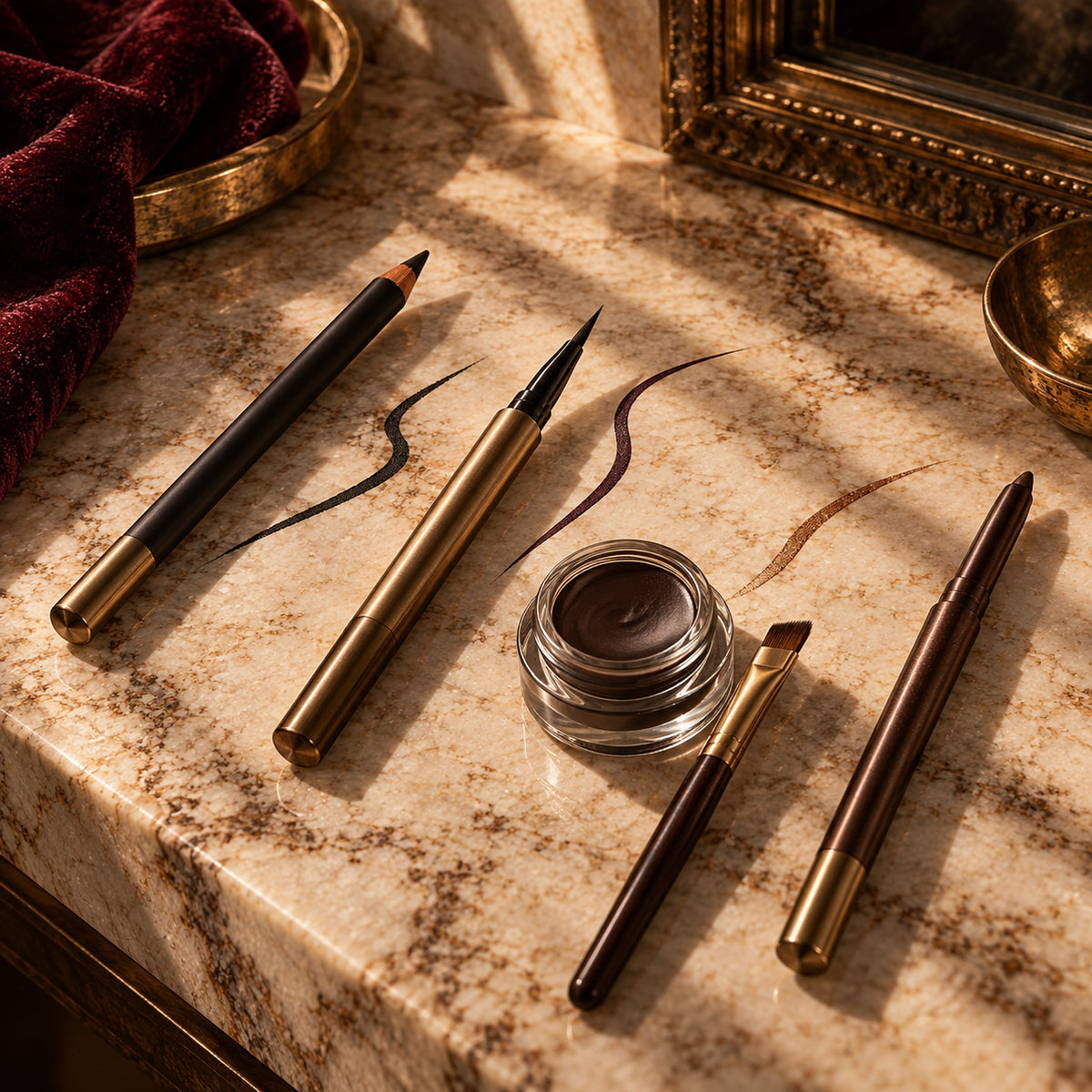 Black, aubergine, and bronze eyeliner pencils, liquid pen, gel pot, and angled brush on a warm stone vanity