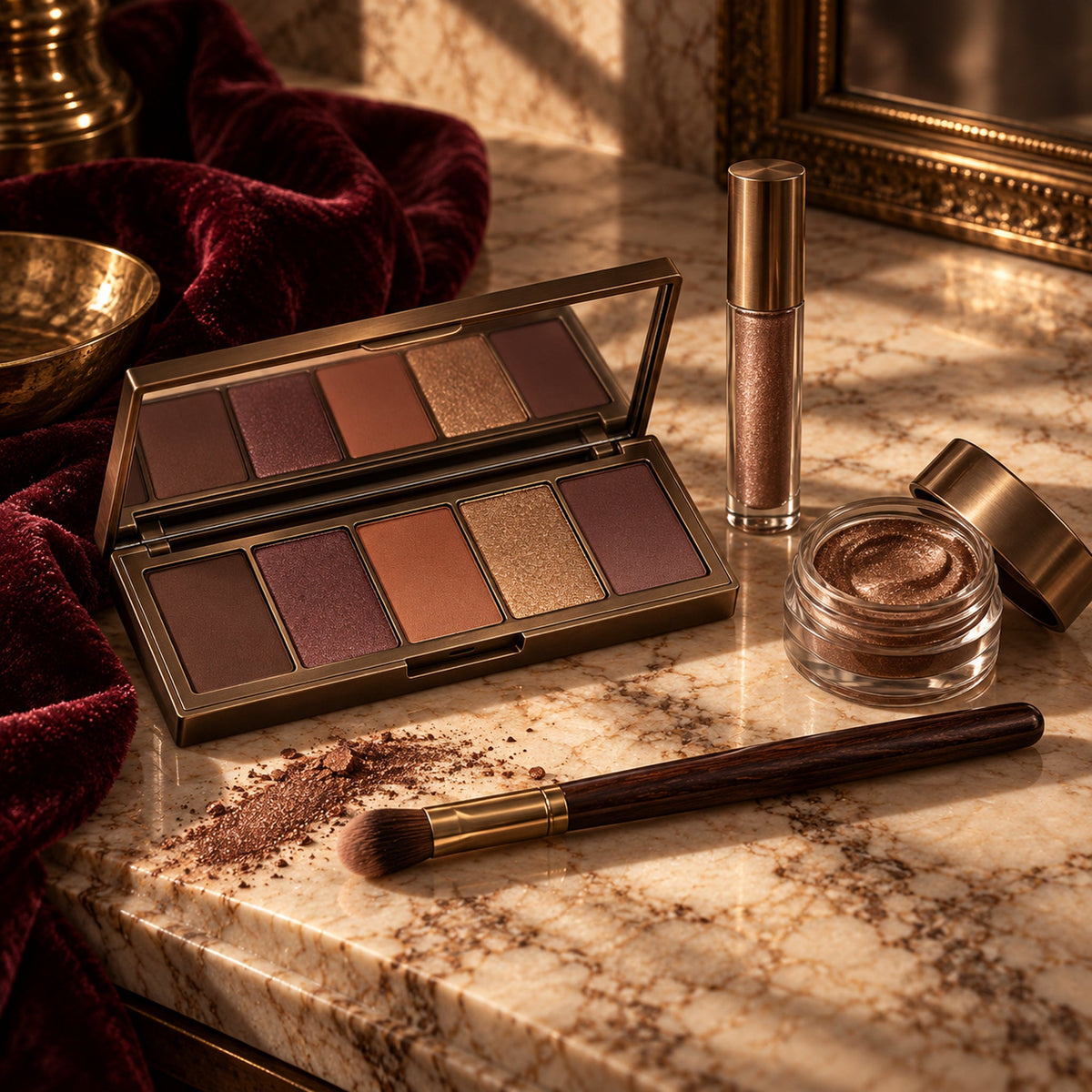 Aubergine, cocoa, terracotta, plum, and antique-gold eyeshadows in powder, cream, and liquid formulas on a fall vanity