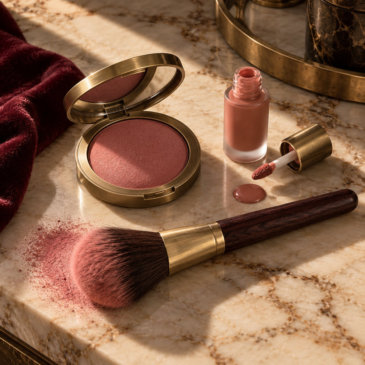 Rose blush compact, liquid blush and full cheek brush on a warm stone vanity with burgundy velvet