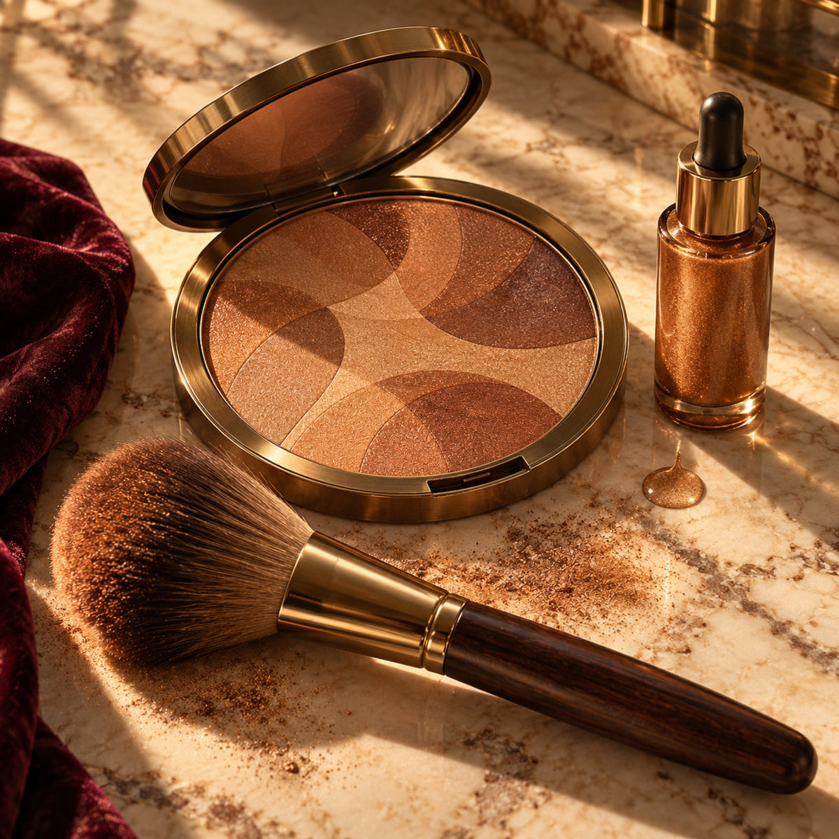 Multicolor bronzer palette, bronzing drops and full powder brush on a sunlit warm stone vanity
