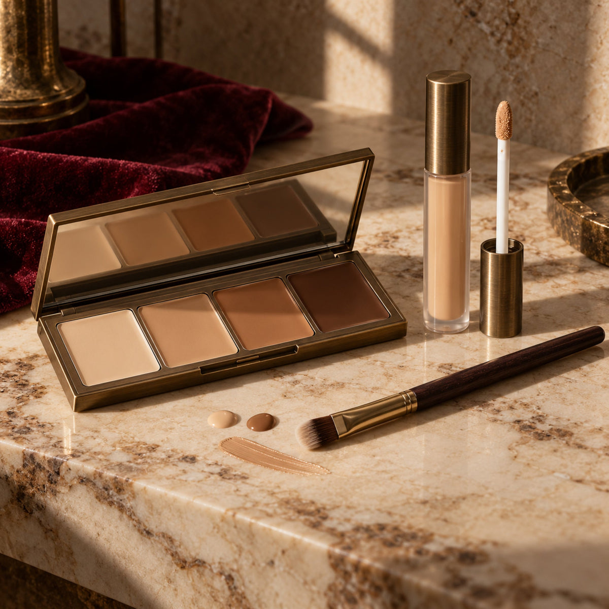 Concealer palette, liquid wand and precision brush arranged on a warm stone vanity with burgundy velvet