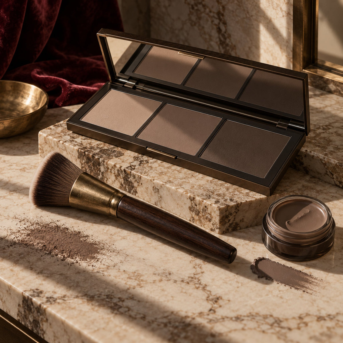 Cool-toned contour palette, angled sculpting brush and cream contour pot on a warm stone vanity