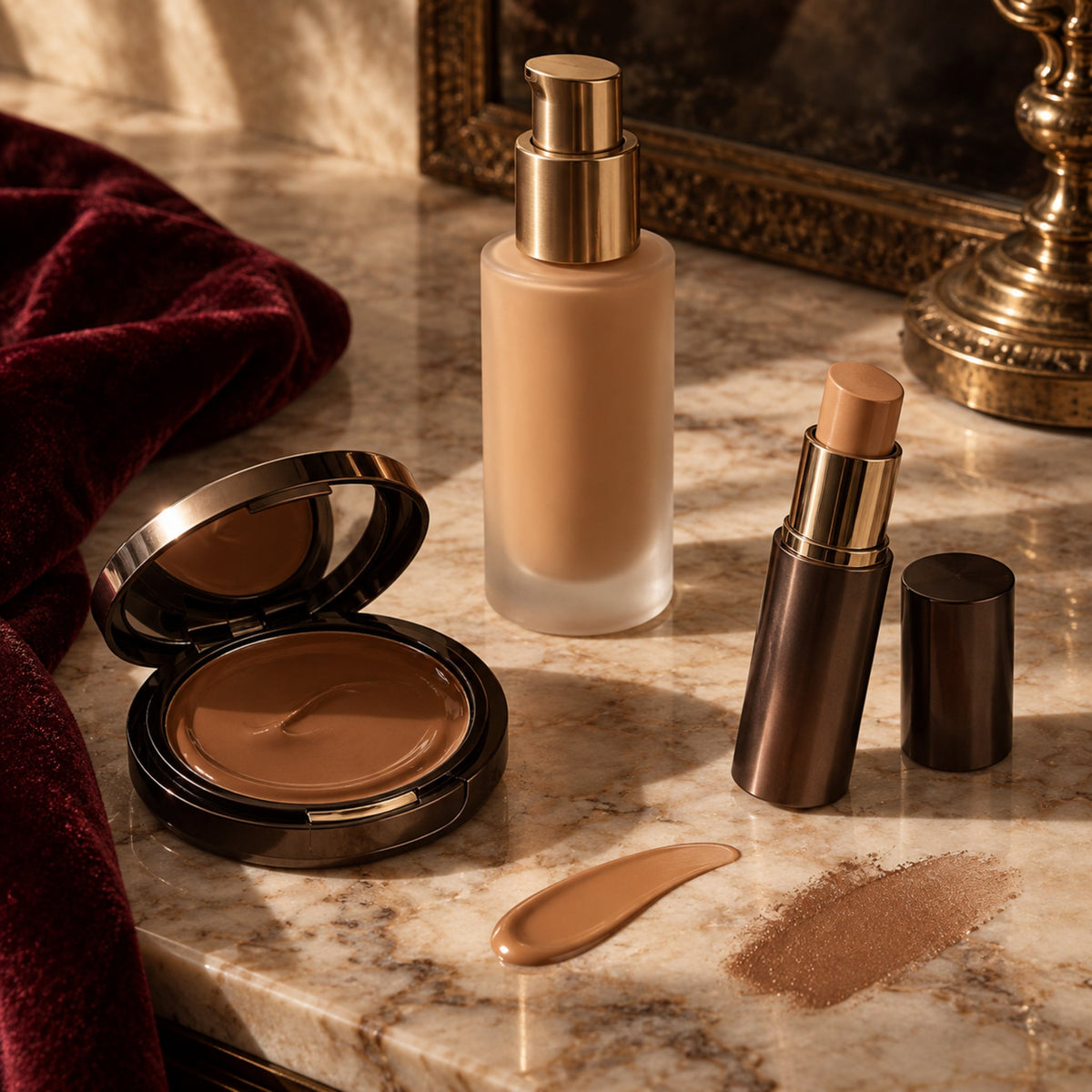 Liquid, cream compact and stick foundations with blended complexion textures on a warm stone vanity