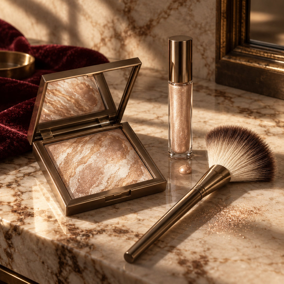 Marbled highlighter palette, liquid illuminator and fan brush on a warm stone vanity