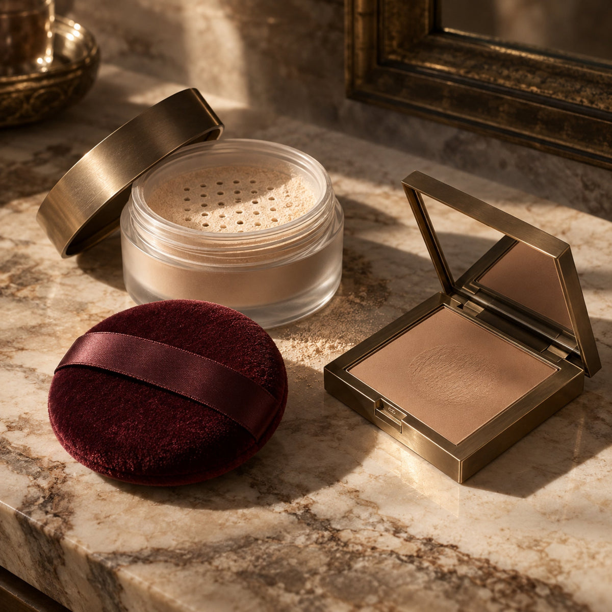 Loose face powder, burgundy velour puff and pressed powder compact on a warm stone vanity