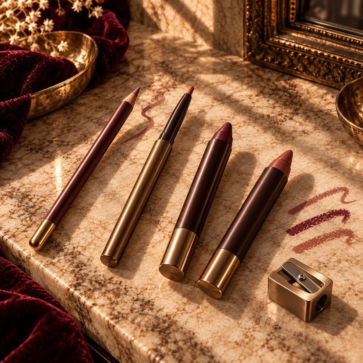 Rosewood, oxblood, plum, and nude lip liner pencils and crayons with a metal sharpener on a fall luxury vanity