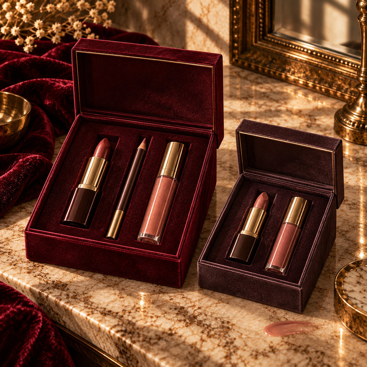 Coordinated lipstick, liner, and gloss sets in open oxblood and cacao velvet presentation boxes on a fall luxury vanity