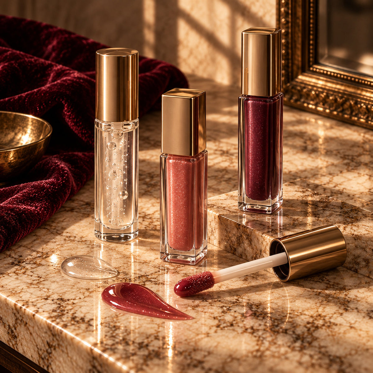 Clear, rose, and plum lip oils, glosses, and plumper with a high-shine applicator on a fall luxury vanity