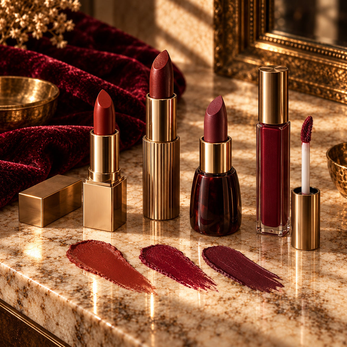 Brick red, oxblood, and plum lipsticks with a liquid lip stain on a warm fall luxury vanity