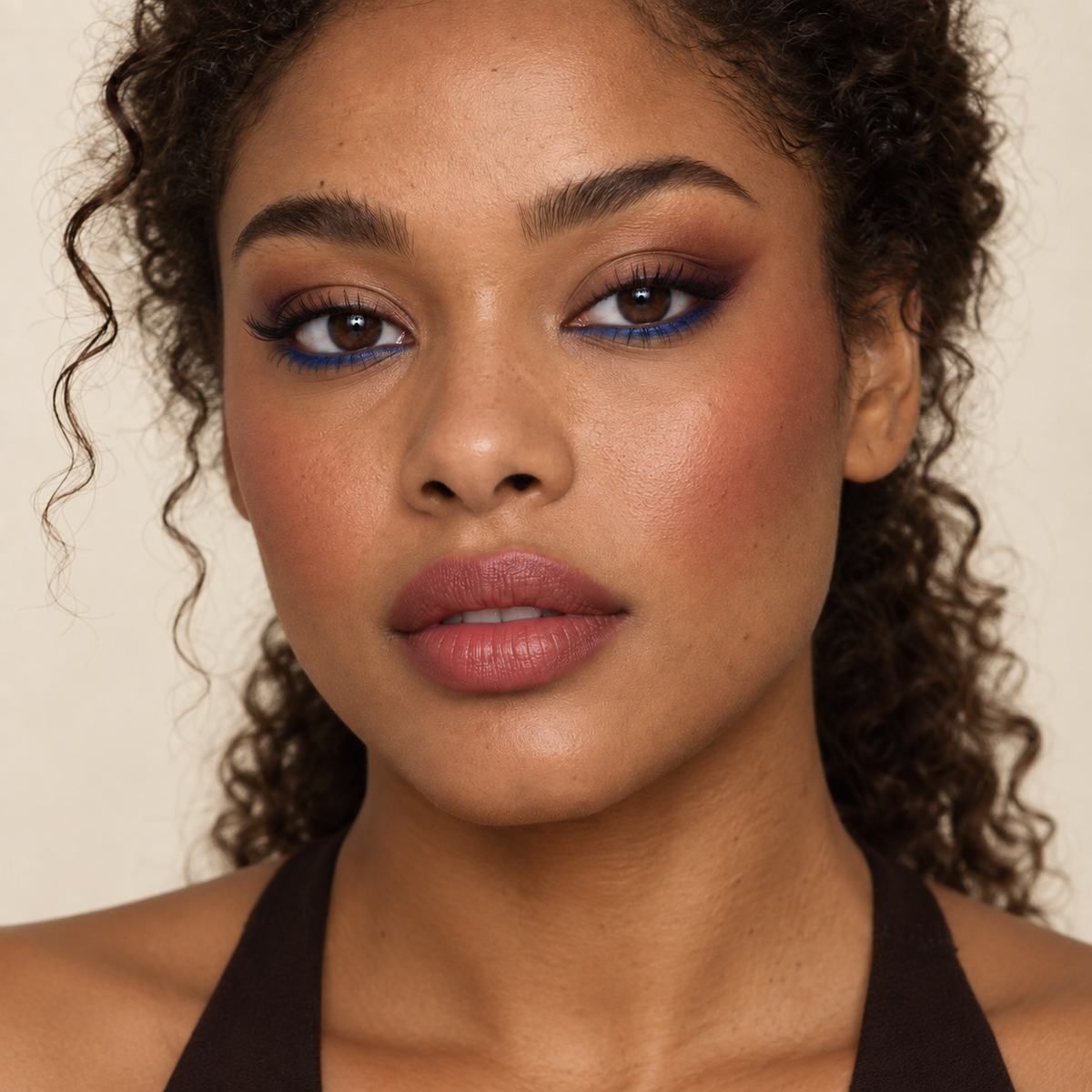 Beauty portrait with cobalt liner, aubergine shadow, terracotta cheeks and a muted rose lip.
