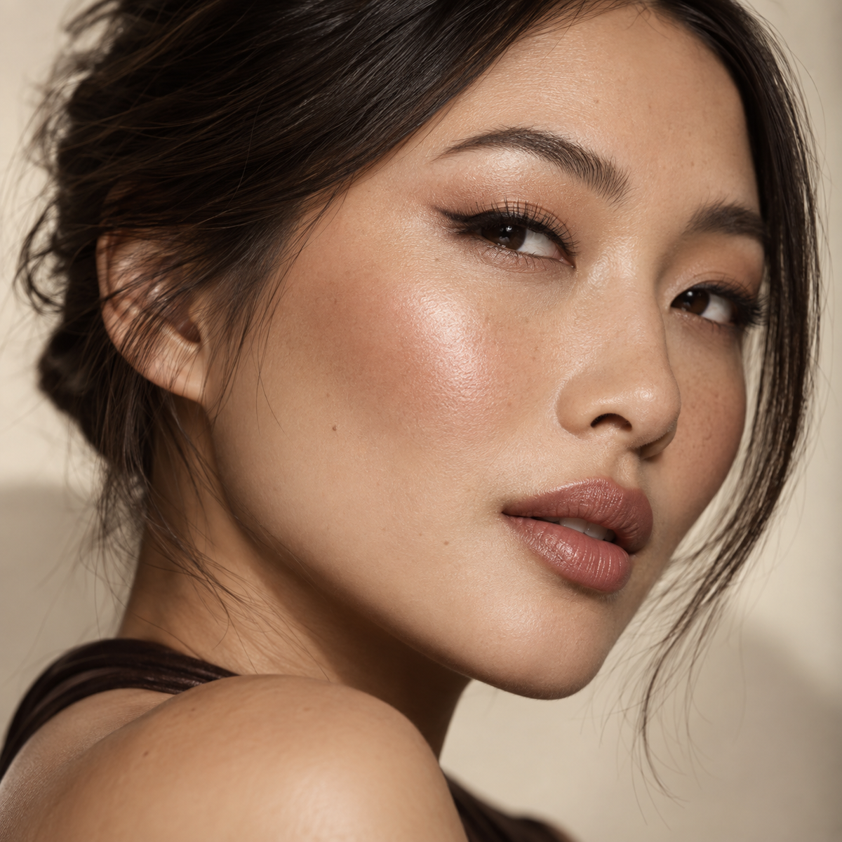 Beauty portrait with softly blurred skin, sculpted cheeks, luminous highlight, lifted liner and lashes.