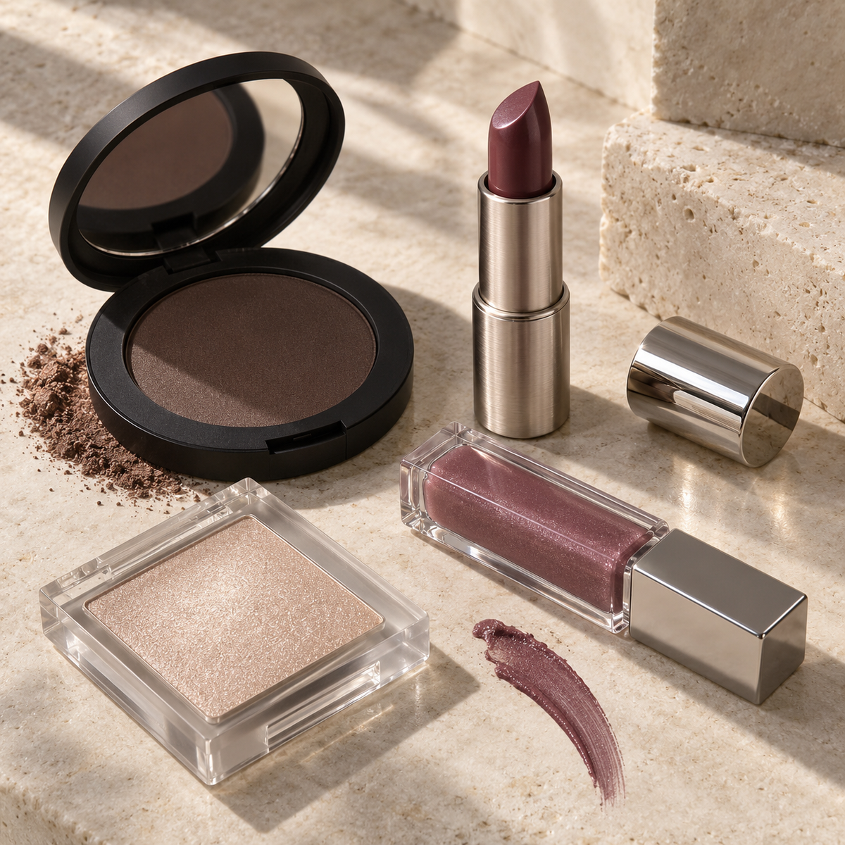 Unbranded matte, satin, glossy, pearl and metallic makeup finishes arranged on warm stone.