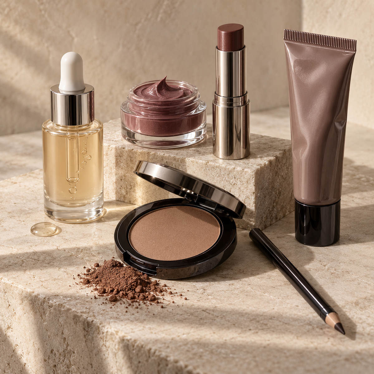 Unbranded liquid, cream, stick, powder, tube and pencil makeup formulas arranged on warm stone.