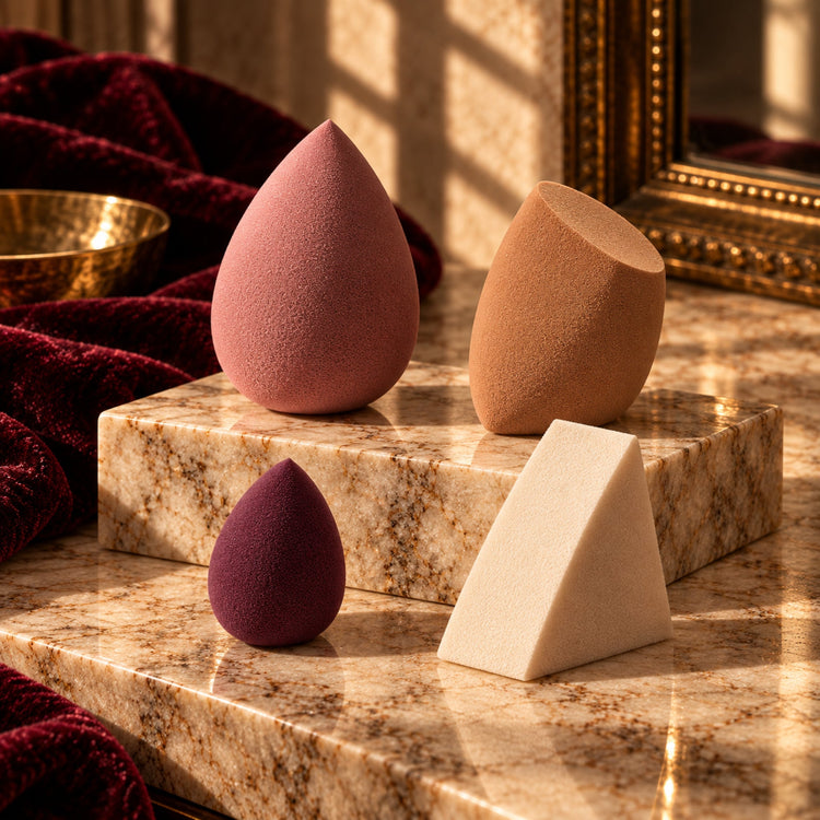Makeup sponges, powder puffs, and applicators in warm neutral and plum tones on a fall-luxury vanity