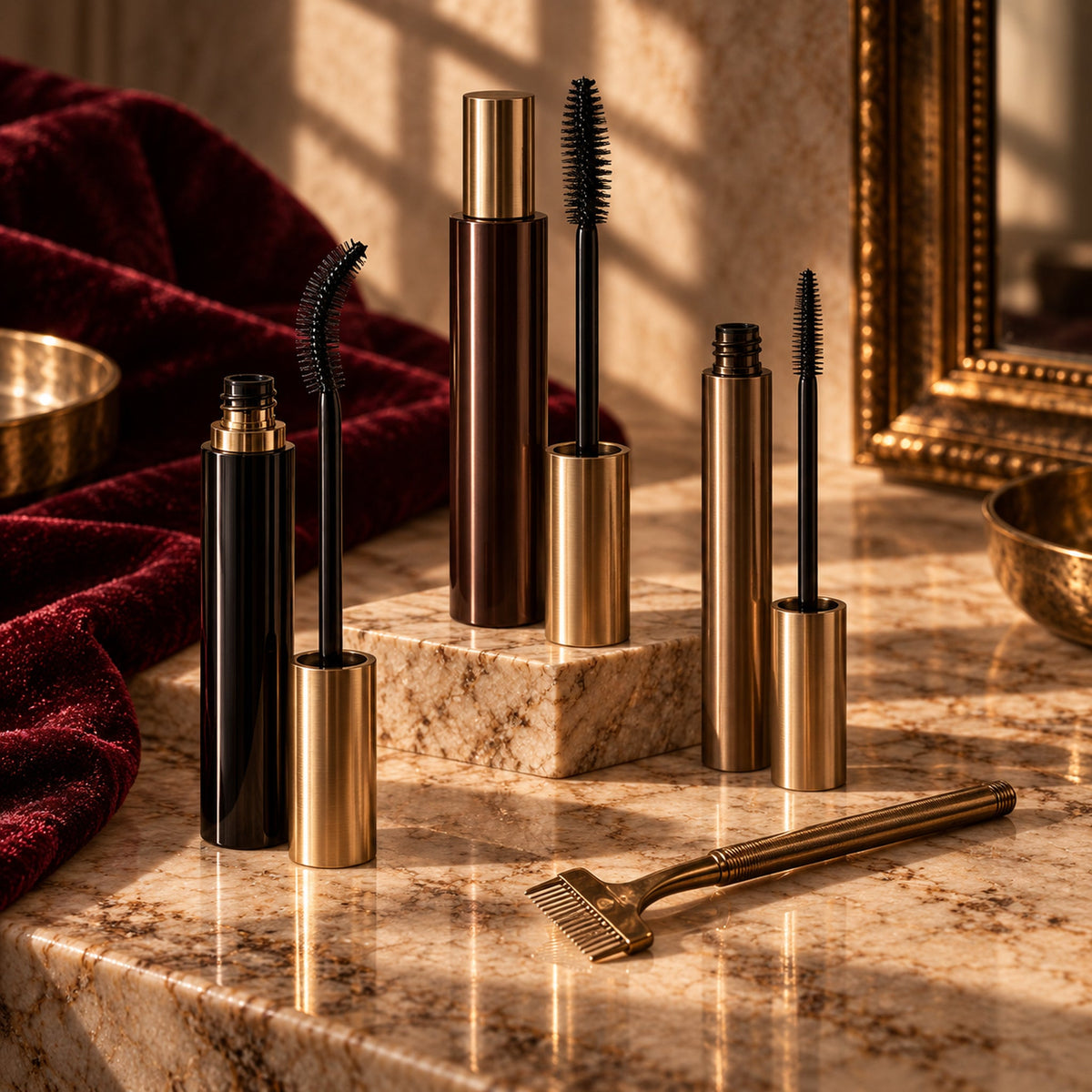 Black and bronze mascaras with curved lifting, volumizing, and precision wands beside a metal lash comb on a fall vanity