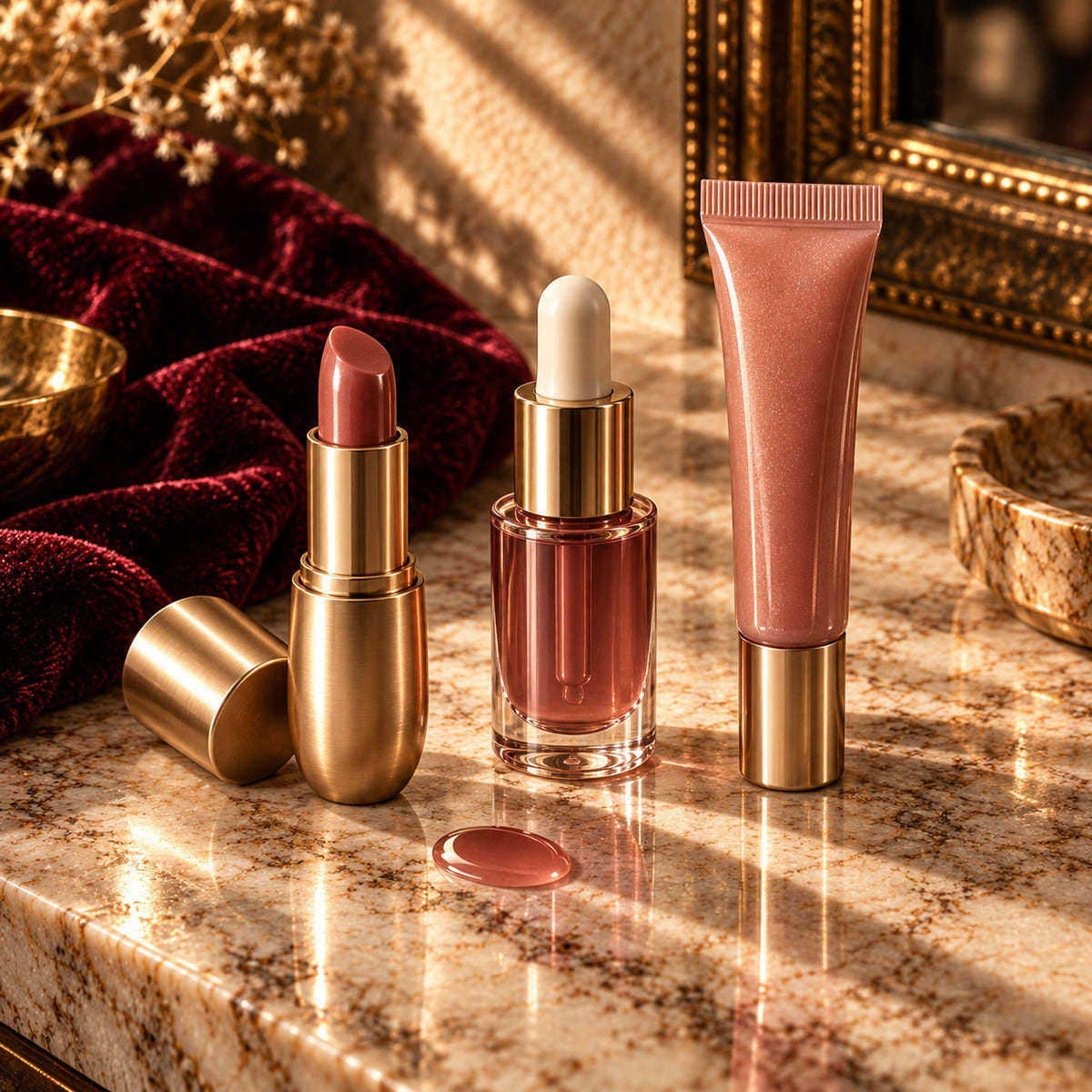 Rosewood tinted balm, sheer lip oil, and soft gloss tube arranged on a warm fall luxury vanity