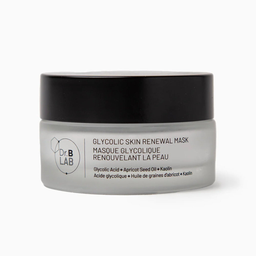 Dr. B Lab Glycolic Skin Renewal Mask in a frosted jar with black lid
