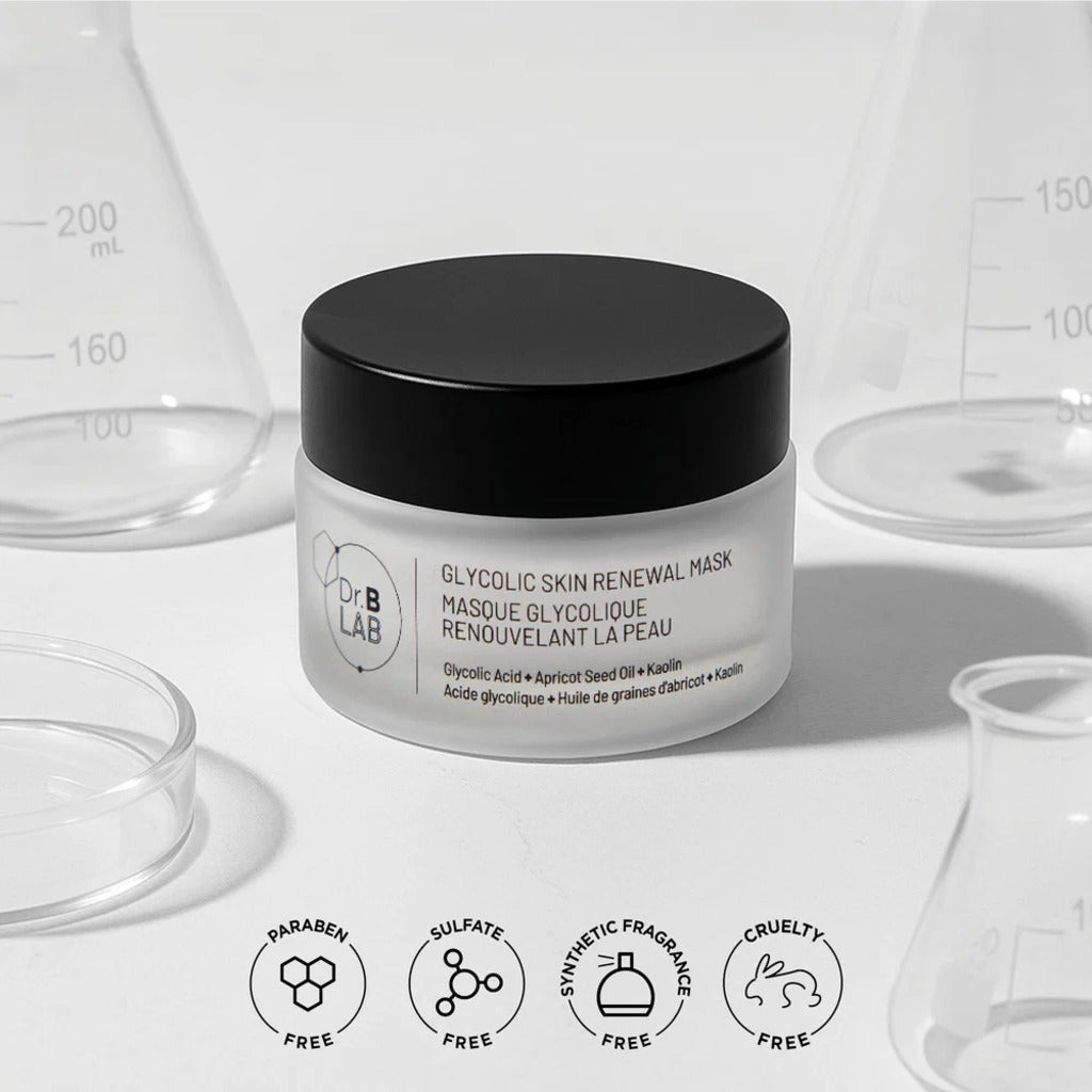 Dr. B Lab glycolic mask jar displayed among laboratory glassware with brand formula claims