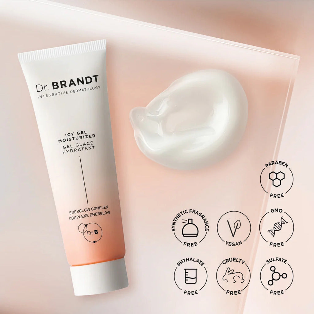 Dr. Brandt Icy Gel Moisturizer tube beside a gel swatch and brand formula symbols