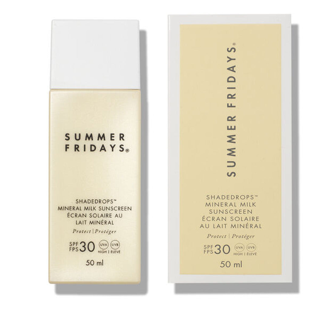 Summer Fridays ShadeDrops SPF 30 Mineral Milk Sunscreen bottle and box