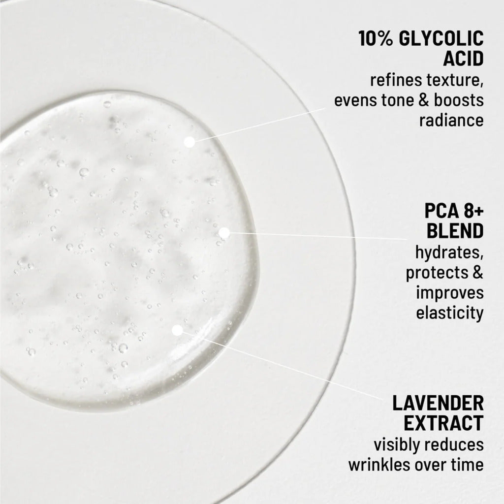 Brand ingredient graphic for the glycolic mask highlighting 10% glycolic acid, PCA blend and lavender extract
