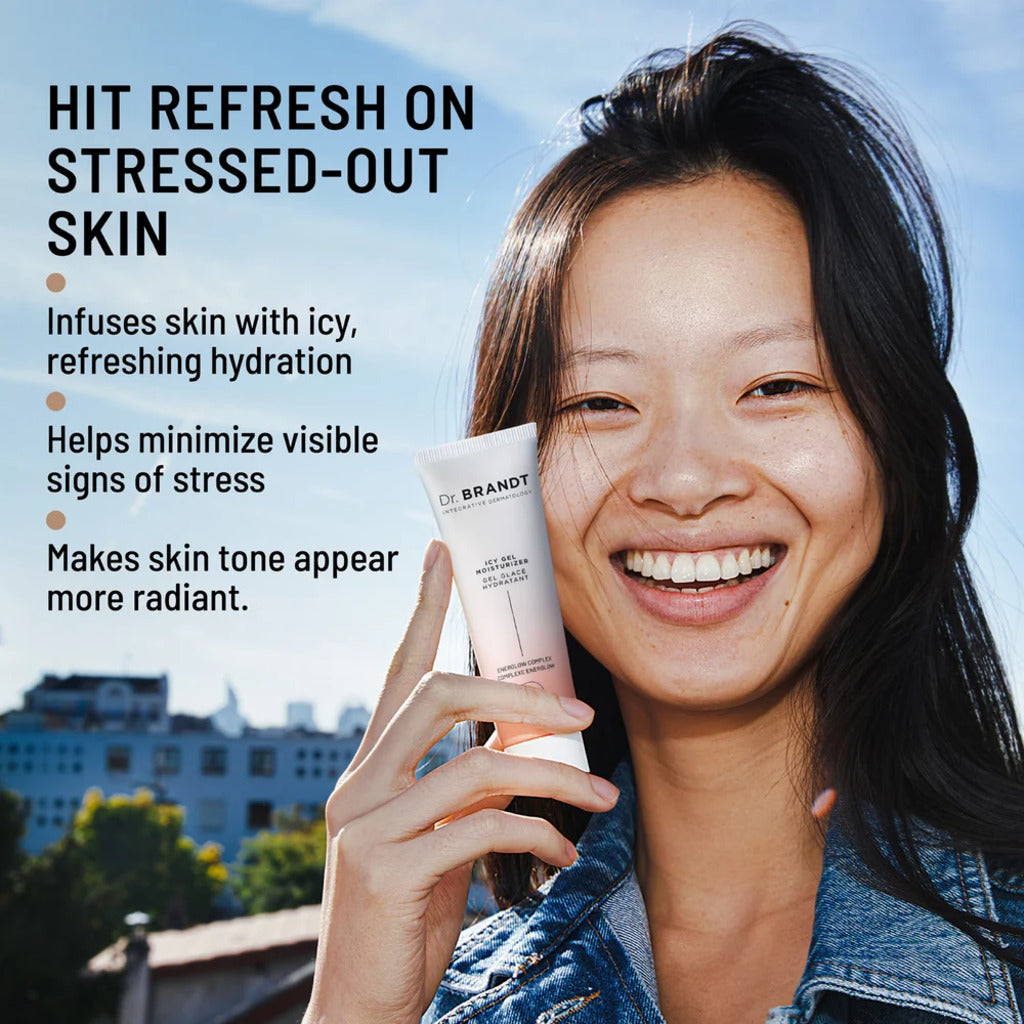 Brand model holding Dr. Brandt Icy Gel Moisturizer beside cooling hydration claims