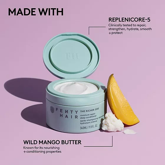 Open Fenty The Richer One jar beside wild mango butter imagery, highlighting wild mango butter and Replenicore-5.