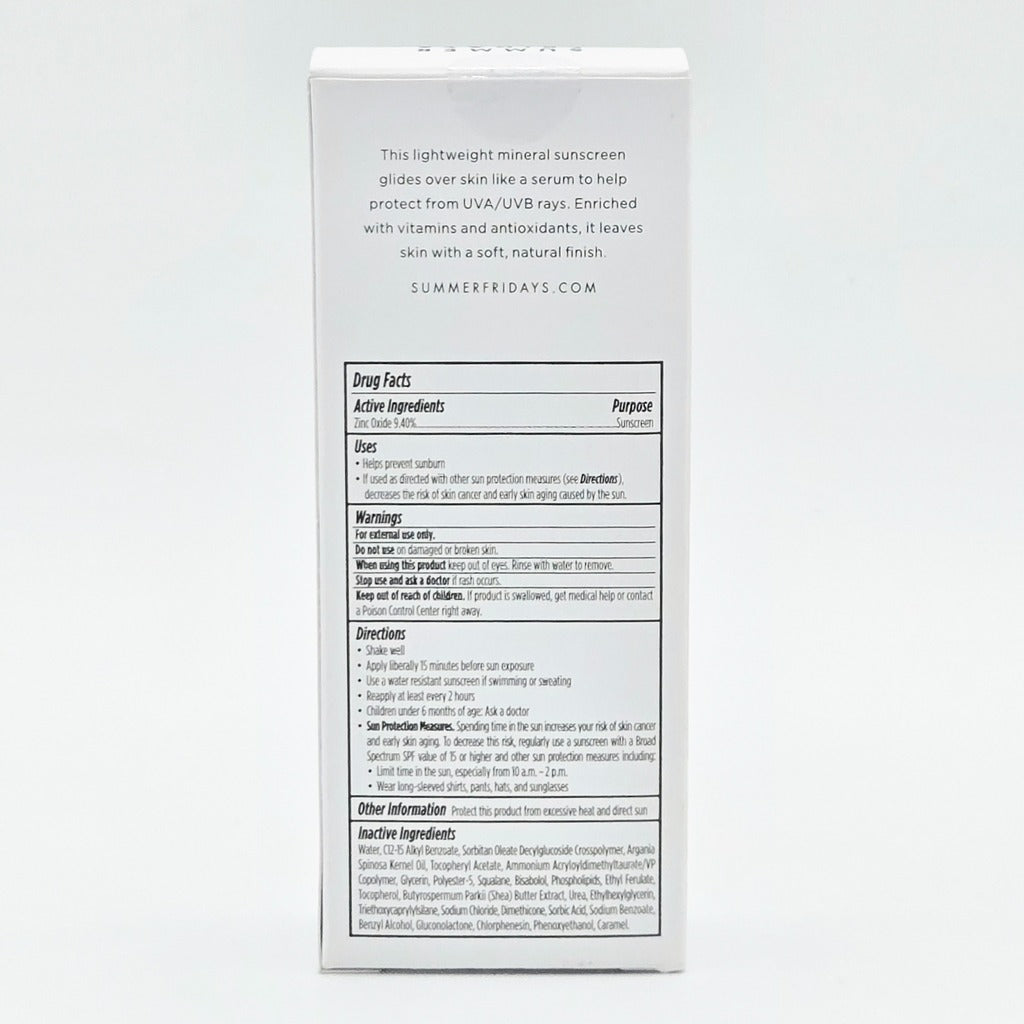 Summer Fridays ShadeDrops SPF 30 box back with Drug Facts and ingredients
