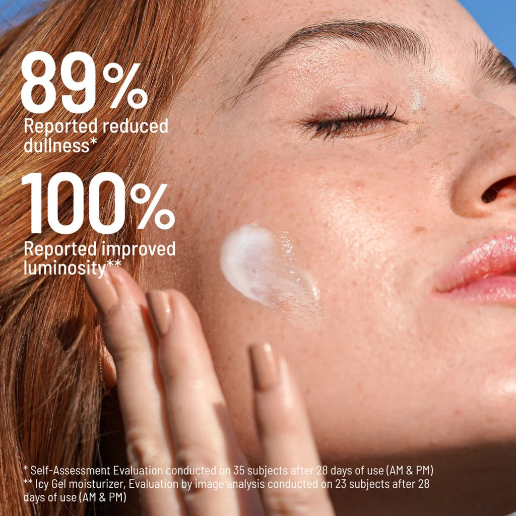 Brand study graphic reporting dullness and luminosity results for Icy Gel Moisturizer