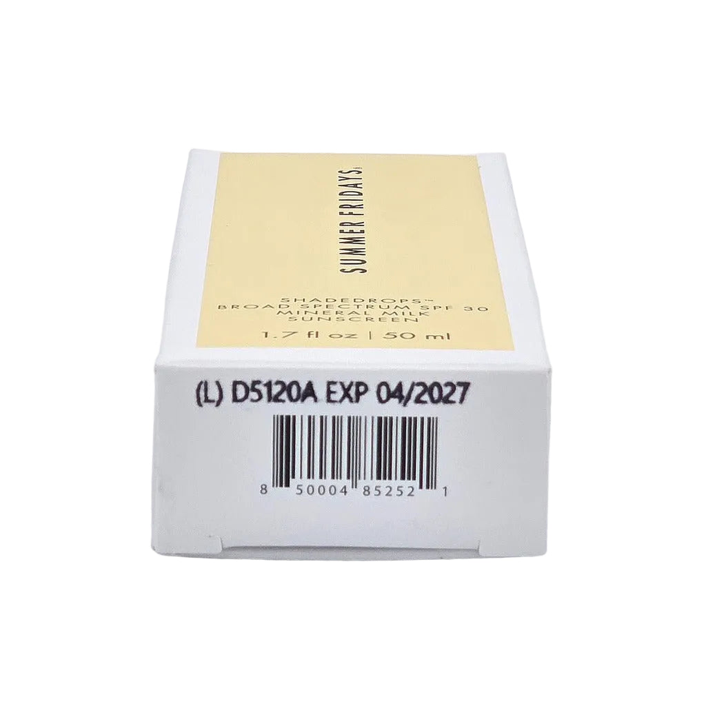 Summer Fridays ShadeDrops box bottom with UPC 850004852521 batch D5120A and expiration 04/2027