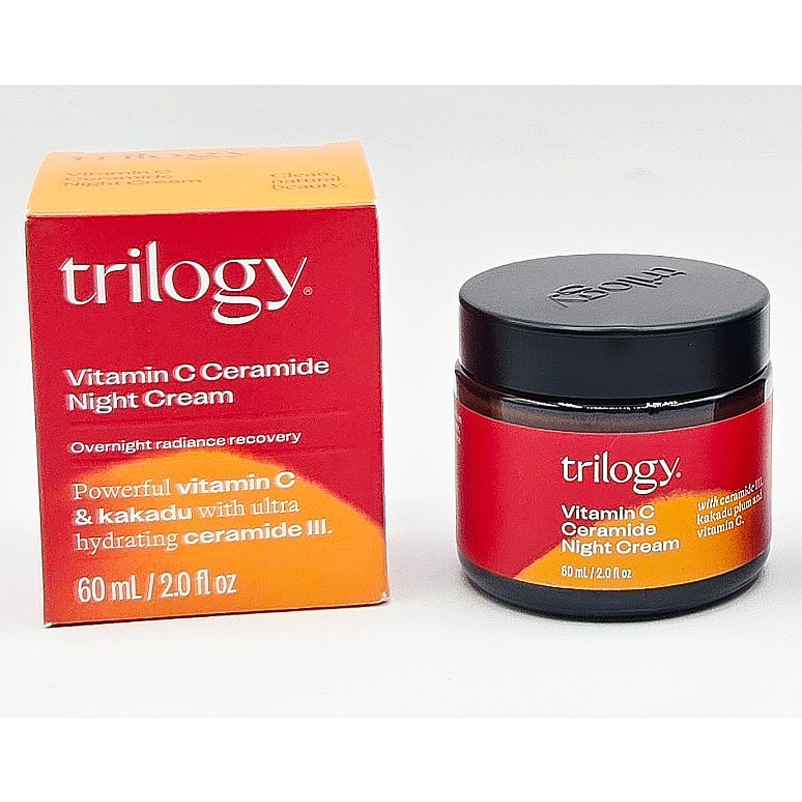 Trilogy Vitamin C Ceramide Night Cream jar and packaging on a white background