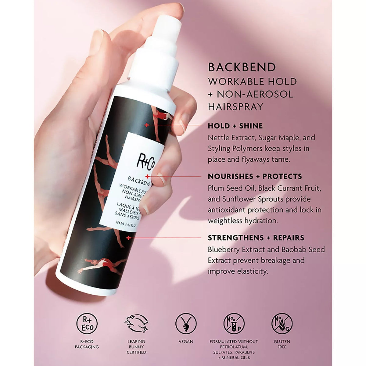 R+Co BACKBEND held in a hand beside an ingredient and benefits graphic
