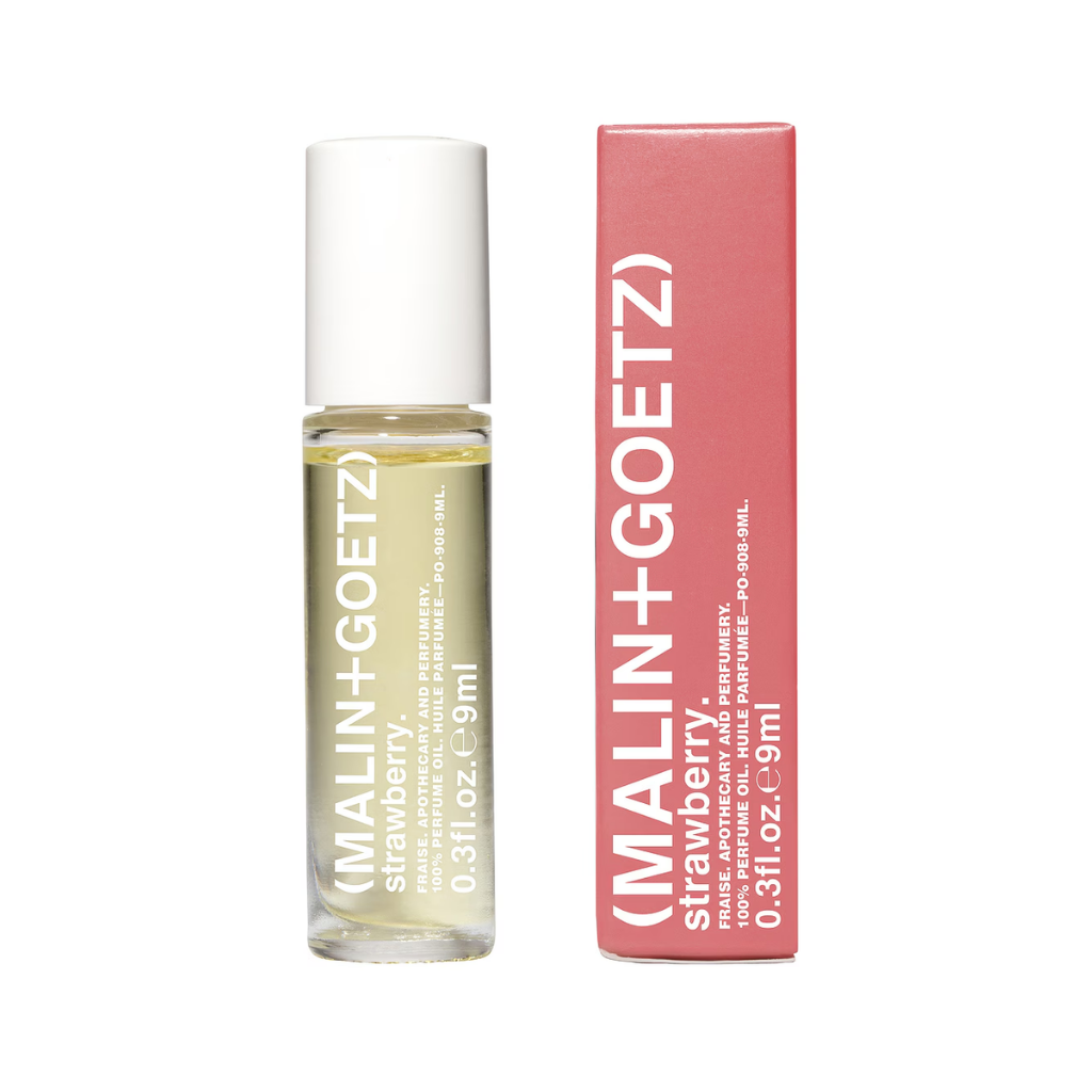 Malin + Goetzstrawberry gass perfume oil roller and pink box