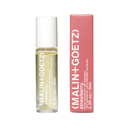 Malin + Goetzstrawberry gass perfume oil roller and pink box