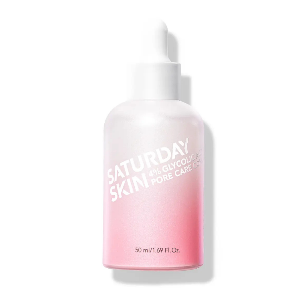 Saturday Skin Pore Active Treatment 4% glycolic acid serum in a pink 50 mL dropper bottle