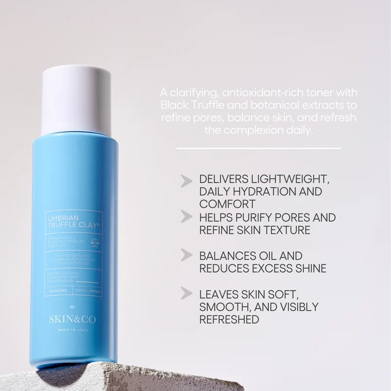 SKIN&CO Umbrian Truffle Clay Toning Potion bottle with balancing, texture-refining, and softening benefits