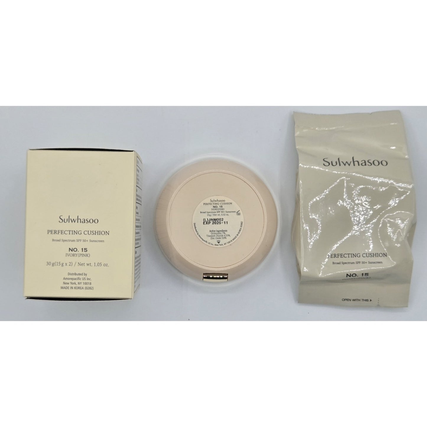 New Sulwhasoo Perfecting Cushion Compact 15g + Refill- No. 15 IVORY (Pink) US