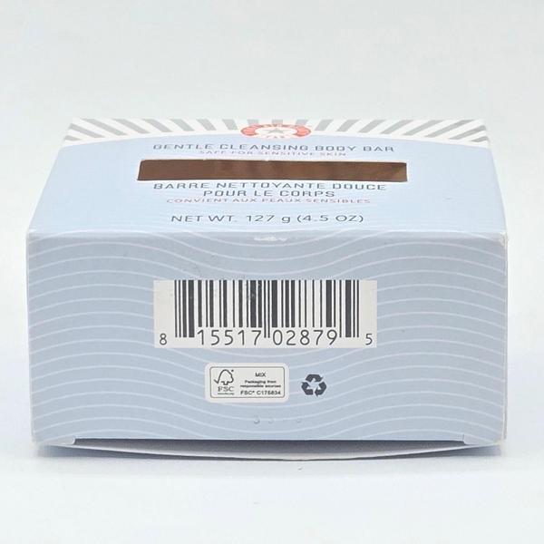 First Aid Beauty Gentle Cleansing Body Bar, 4.5 oz, in a light blue and white striped box with barcode.