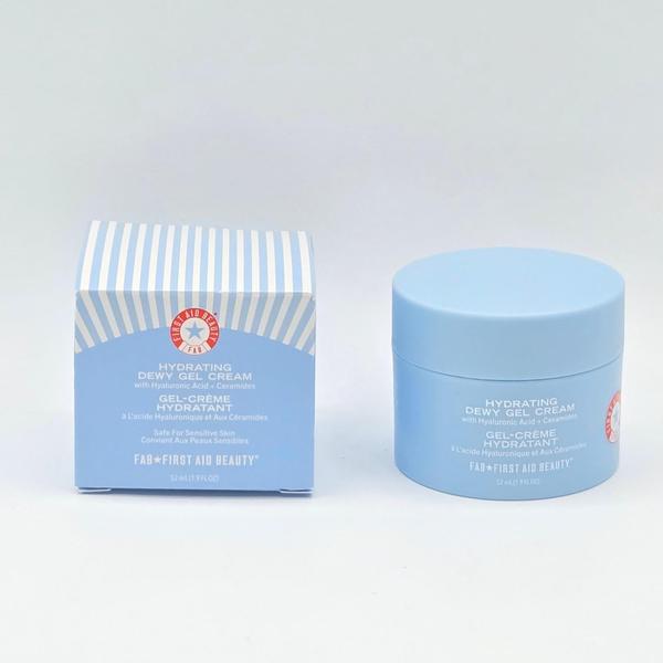 First Aid Beauty Hydrating Dewy Gel Cream 1.9 fl oz in a light blue jar and matching striped box.