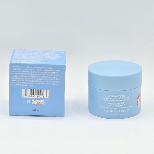 Light blue First Aid Beauty Hydrating Dewy Gel Cream jar and matching box with product details.