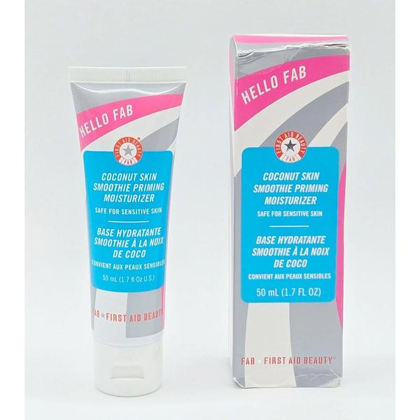 First Aid Beauty Coconut Skin Smoothie Priming Moisturizer 1.7 fl oz tube and pink/gray box.