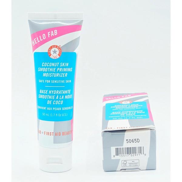 First Aid Beauty Hello Fab Coconut Skin Smoothie Priming Moisturizer 1.7 fl oz tube and gray box.